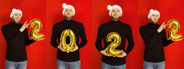 Ein Mann mit Nikolausmütze hält die Zahlen 2022 in der Hand. Collage aus Porträts - Foto, Bild