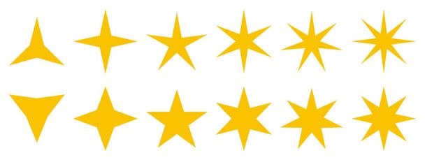 Keltaisten tähtien kuvakkeet. Tähdet symbolit eri terävä: kolme, neljä, viisi, kuusi, seitsemän, kahdeksan. Vektorin kuva valkoisella taustalla - Vektori, kuva