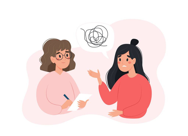 Mental health concept - woman talking to psychologist about her problems. Vector illustration in flat style - Vector, Image