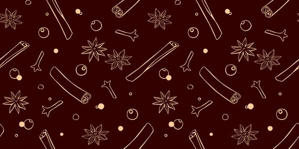 Vector seamless pattern of cinnamon sticks, star anise, carnation, pepper in doodle style. Background or texture of seasonings, food additive, spices - Διάνυσμα, εικόνα