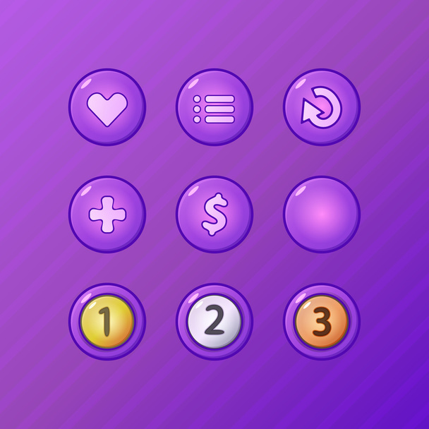 Set of game UI vector elements - violet menu, restart, add, money buttons and prize medals for gamedev - Vektori, kuva