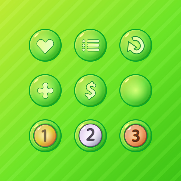 Set of bright green game UI vector elements - menu, restart, add, money buttons and prize medal - Vektori, kuva