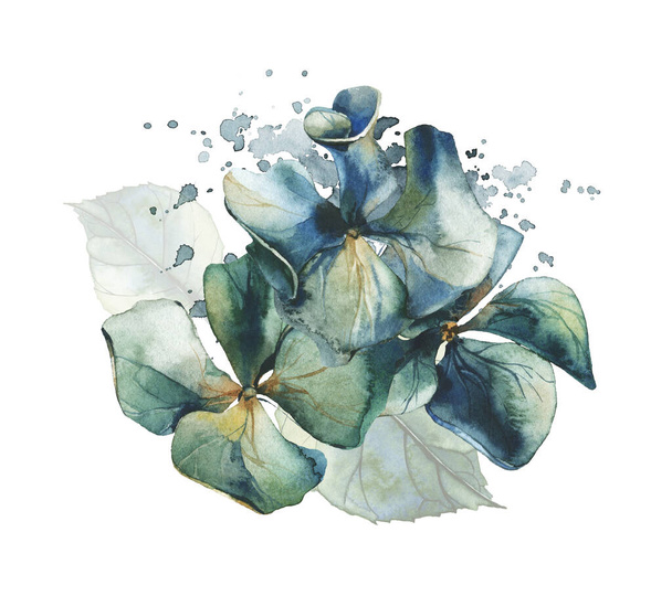Watercolor floral bouquet on white background. Arrangement with airy blue flowers of hydrangea, leaves and splashes. - Valokuva, kuva