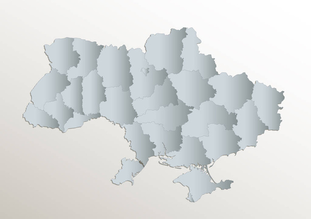 Ukrajina mapa, administrativní oddělení se jmény, bílá modrá karta papír 3D prázdný - Fotografie, Obrázek