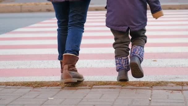 Мама и ребенок переходят дорогу на перекрестке зебры. - Кадры, видео