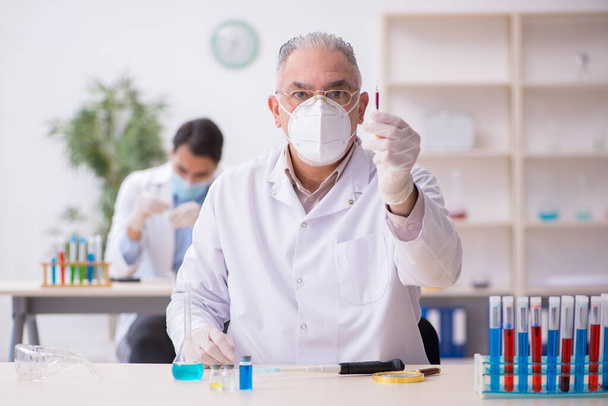 Dois químicos do sexo masculino trabalhando no laboratório durante a pandemia - Foto, Imagem