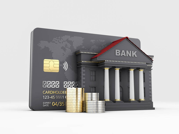3D銀行ビルとクレジットカードのレンダリング。クリッピングパスが含まれ - 写真・画像