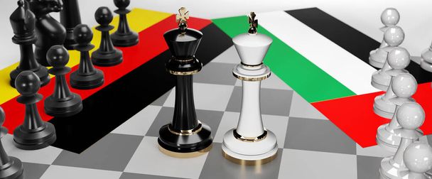 Alemania y Emiratos Árabes Unidos conversaciones, debate o diálogo entre esos dos países se muestran como dos reyes de ajedrez con banderas nacionales que simbolizan el arte sutil de la diplomacia, ilustración 3d - Foto, imagen