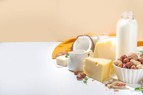 Vegan productos no lácteos. Productos lácteos alternativos a base de plantas leche, nata, mantequilla, yogur, queso, con ingredientes - garbanzos, harina de avena, arroz, coco, nueces - Foto, imagen