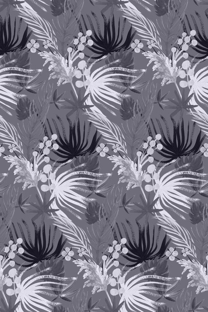 black and white seamless pattern of tropical plants and pompous grass - Photo, Image