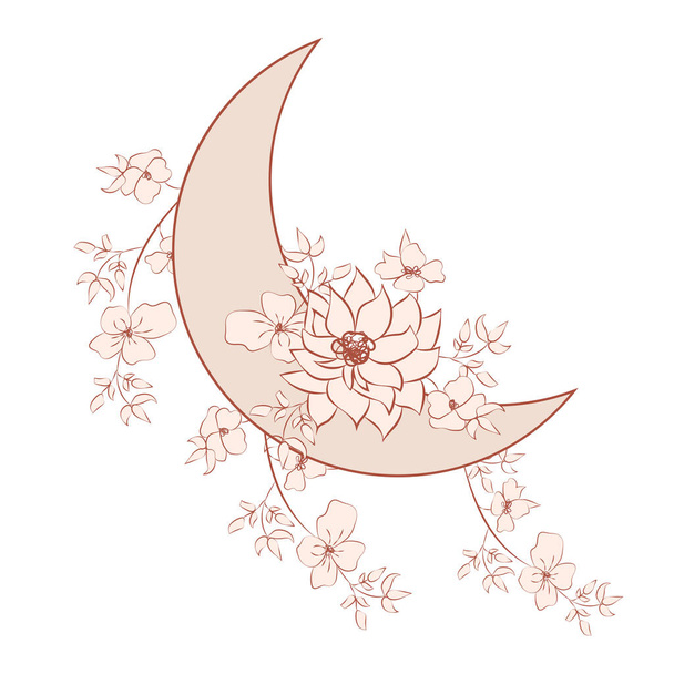 Beautiful romantic crescent moon with rose or peony flowers and leaves. Decorative boho elements. Greeting cards, invitations. - ベクター画像