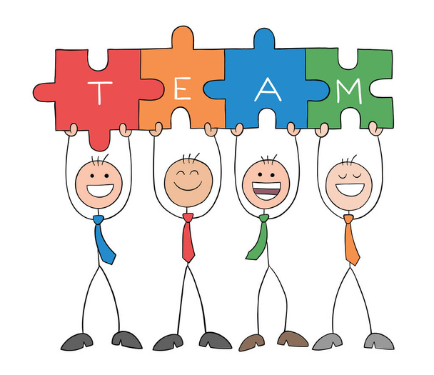 Teamwork, four stickmen businessmen holding connected team jigsaw puzzle pieces. Hand drawn outline cartoon vector illustration. - Vector, Image