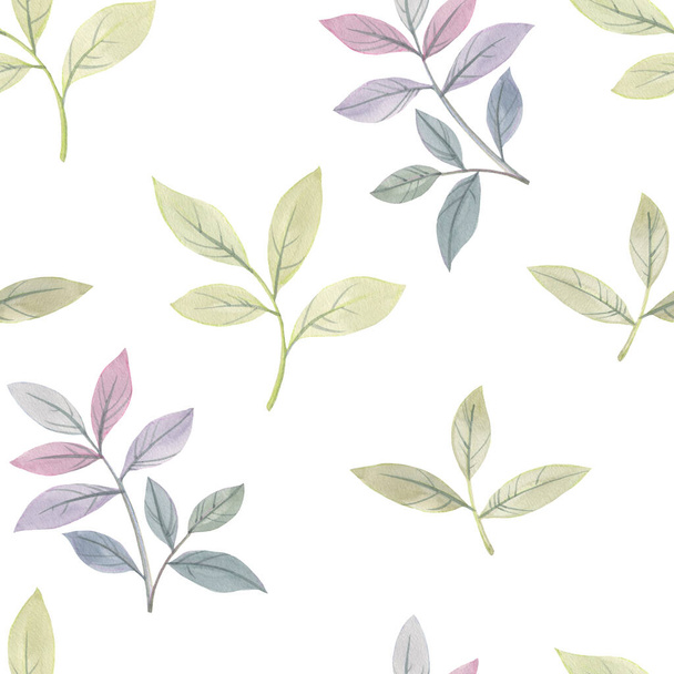 Botanical seamless pattern. Graceful leaves, collected in an ornament on an abstract background. Decorative leaf ornament for design, wallpaper, fabric, print, scrapbooking. - 写真・画像