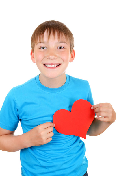 Kid holds Red Heart Shape - Foto, Imagem