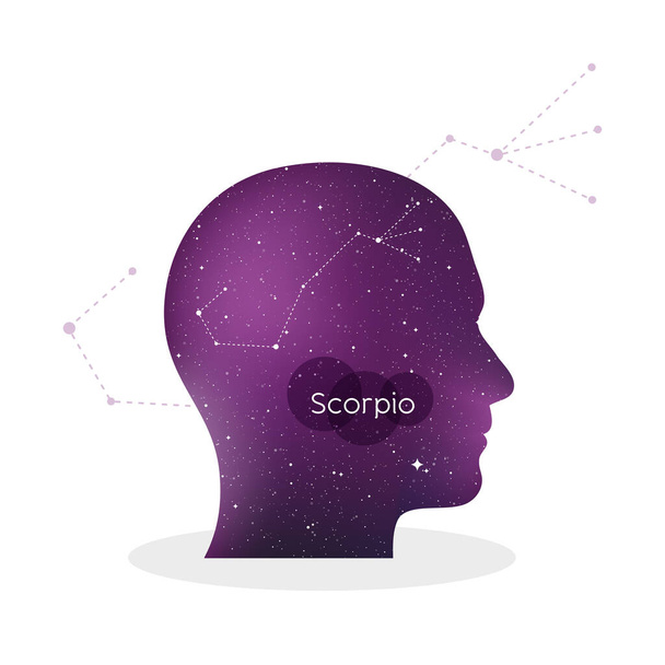 Scorpio zodiac sign. Man portrait in profile. Horoscope symbol, linear constellation. Star universe texture. Vector illustration - Вектор,изображение