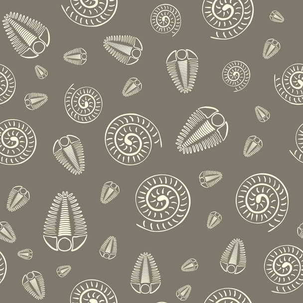 Ammoniten Trilobiten Vektor nahtlose Muster Hintergrund. Handgezeichnete spiralförmige Muschelkopffüßer und Fossilien mit gerippten Gliederfüßen. Brown off white backdrop.Ausgestorbene Meeresräuber. Wiederholung für die Bildung - Vektor, Bild