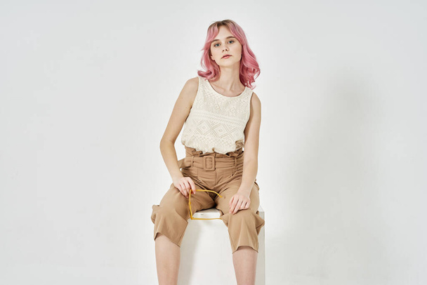woman with pink hair fashionable clothes posing light background - Φωτογραφία, εικόνα