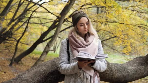 Жінка-доросла дівчина стоїть у осінньому лісі з жовтим листям, що читає книгу про природу. "Красуня відпочиває і відпочиває з книгою в руках". Блондинка блакитних очей навчається на відкритому повітрі. Натхнення - Кадри, відео