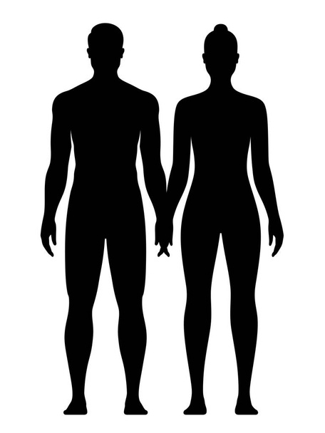 裸の男と女が手をつないでいる。若いカップル黒のシルエットベクトルイラスト. - ベクター画像