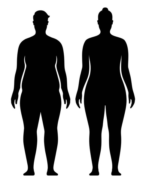 Túlsúlyos férfi és női test, fekete sziluett vektor illusztráció, elszigetelt háttérrel. - Vektor, kép