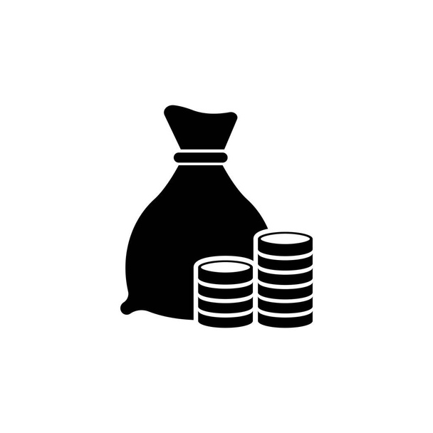 Στοίβες Νομισμάτων και Τσάντα Χρημάτων, Επενδύσεις. Εικόνα επίπεδου διανυσματικού εικονιδίου. Απλό μαύρο σύμβολο σε λευκό φόντο. Στοίβες νομισμάτων και τσαντών χρημάτων πρότυπο σχεδιασμού σημάτων για το web και το κινητό στοιχείο UI - Διάνυσμα, εικόνα