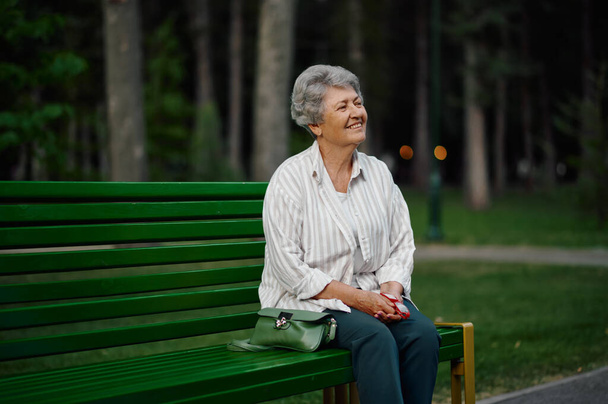 Cheerful granny leisures on bench in summer park - Photo, Image