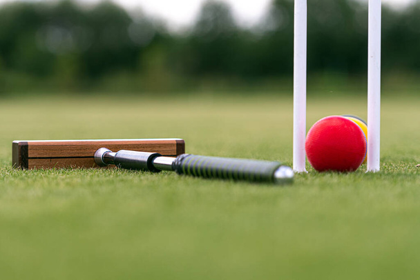 croquet mallet, wicket and colorful balls on a green lawn - Photo, Image