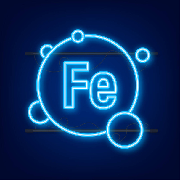 Mineral Fe Ferum azul brillante píldora cápsula icono de neón. Ilustración de stock vectorial. - Vector, Imagen