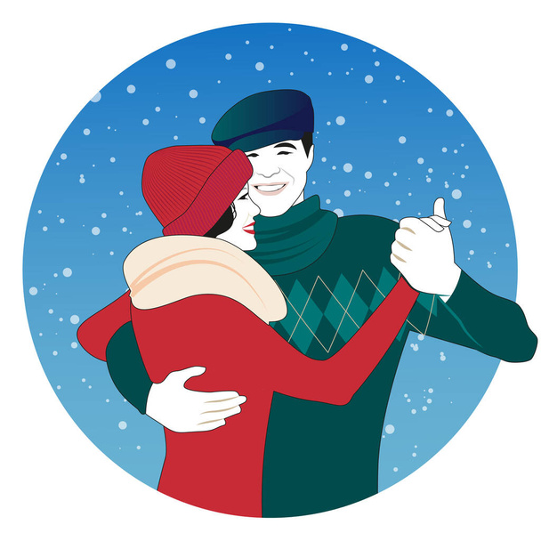 Couple joyeux portant des vêtements d'hiver dansant sous la neige - Vecteur, image