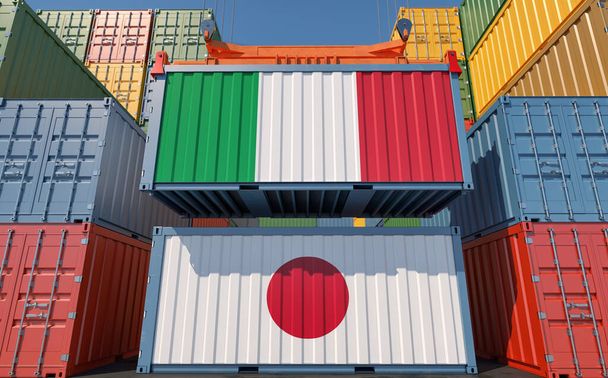 Freight containers with Japan and Italy national flags. 3D Rendering  - Фото, зображення