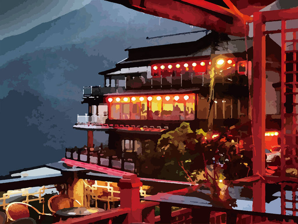 Illusztráció az éjszakai kilátás Jiufen Old Street Tajvanon - Vektor, kép