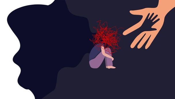 Vector graphics. Human hand helps a young girl in depression. Lonely woman hugs her knees with flowing hair. The concept of sadness, loneliness, sadness, depression. Flat illustration, cartoon female  - Vector, Image