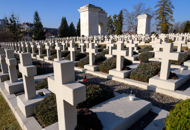 LVIV, UKRAINE - NOVEMBER 1, 2021: View of Polish military cemetery (Cmentarz Orlat) in Lychakiv Cemetery in western ukrainian city Lviv - Фото, изображение