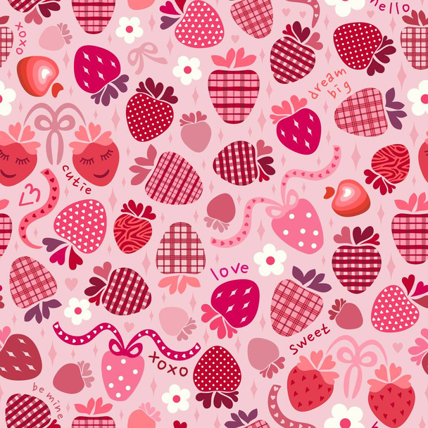 Kostkované a polka tečky jahody, klasické růžové a červené srdce, květiny, stuhy. Text: Love, xoxo, be my, dream big, sweet, cutie, hello. Trendy # lovecore estetika popularizovaná Gen Z na sociálních médiích. Valentines Day romantický prázdninový design. - Vektor, obrázek