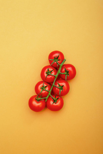 Ripe red tomatoes on a branch on a yellow background - Foto, Bild