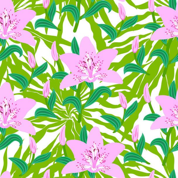 Floral pattern with tropical big pink lily flowers - Вектор,изображение