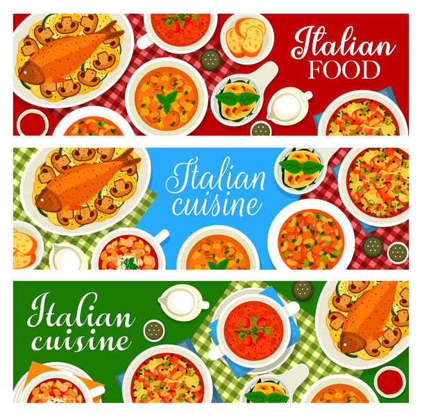 イタリア料理ベクトル野菜サラダカポナータ、ミラノのクリームスープと魚のシチリア。ミネストローネスープ,トマトやデジタルパスタとレンズ豆スープと卵のフロレンタイン,イタリア料理漫画バナーセット - ベクター画像