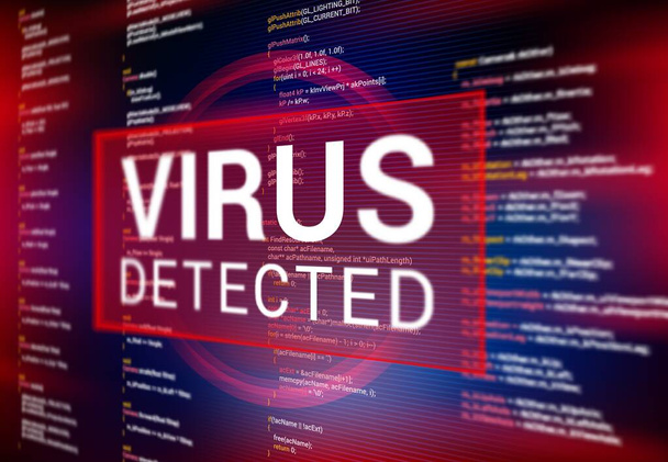 A vírus figyelmeztető üzenetet észlelt a képernyőn. Hacker támadás, kémprogram és rosszindulatú program, rosszindulatú szoftver, trójai veszély háttér program kód vonal, fenyegetés figyelmeztetés - Vektor, kép