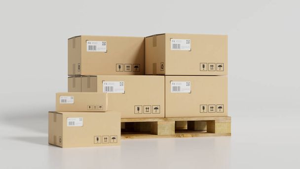 Pakket kartonnen dozen op houten pallets in witte ondergrond. Levering verpakkingsdozen. 3d weergave, 3d illustratie - Foto, afbeelding