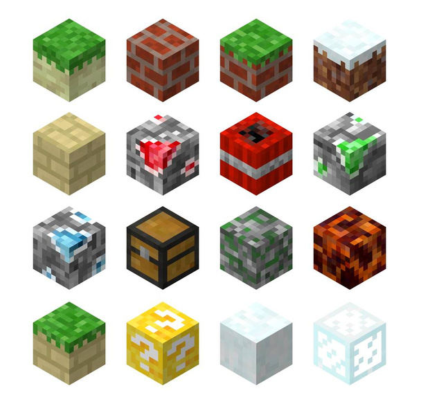 Pixel game blocks of grass, stone and lucky, granite, chest and brick, marble, magma and dynamite, quartz, glass. Game environment design elements, vector textures or items made of square pixels - Vector, Image