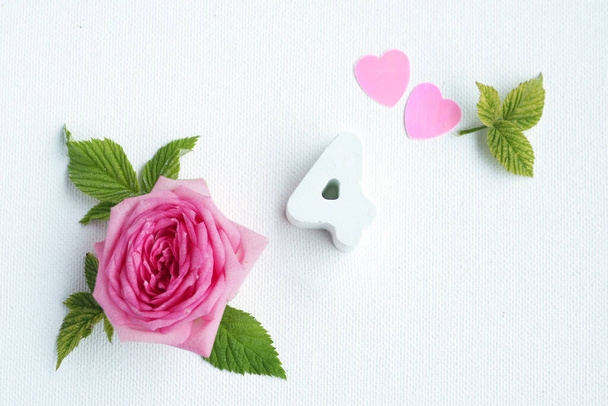 concreto número 4 y una hermosa rosa con pétalos y corazones sobre un fondo blanco - Foto, Imagen