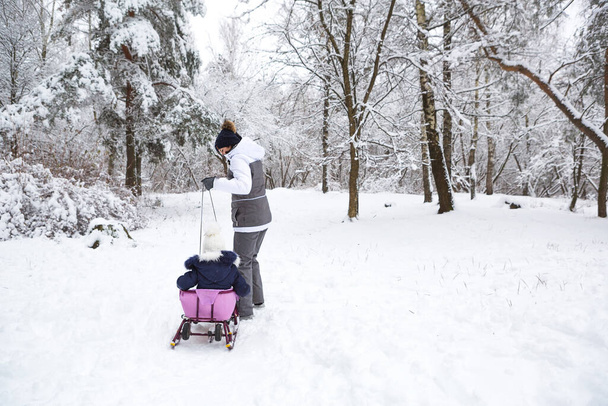Mom takes his little daughter on a sledge uphill through the winter snow forest. Active family outdoor activities - Фото, изображение