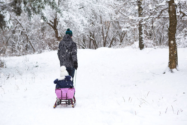 Dad takes his little daughter on a sledge uphill through the winter snow forest. Active family outdoor activities - Foto, immagini