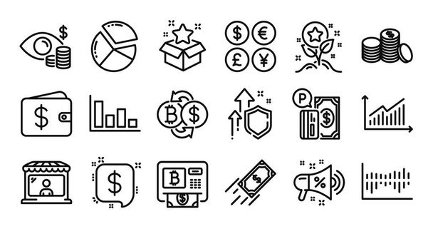 Column diagram, Fast payment and Dollar wallet line icons set. Secure shield and Money currency exchange. Loyalty program, Bitcoin exchange and Market seller icons. Vector - Vecteur, image