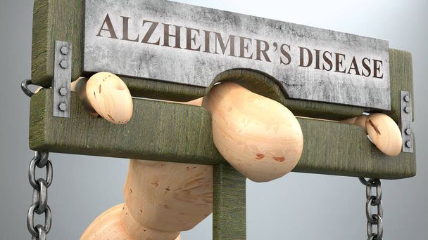 Alzheimer malattia causando miseria e dolore, raffigurato come un manichino di legno bloccato nella gogna, illustrazione 3d - Foto, immagini