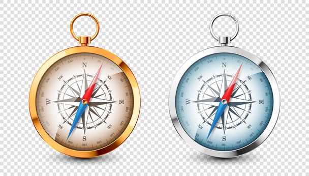 Realistic silver, golden vintage compass with marine wind rose and cardinal directions of North, East, South, West. Shiny metal navigational compass. Cartography and navigation. Vector illustration. - Vector, Image