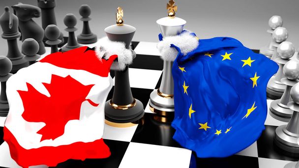Canadá crisis de la UE Europa, choque, conflicto y debate entre esos dos países que tiene como objetivo un acuerdo comercial o dominio simbolizado por un juego de ajedrez con banderas nacionales, 3d ilustración - Foto, Imagen