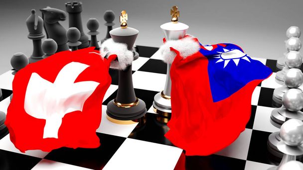 Suiza Taiwán crisis, choque, conflicto y debate entre esos dos países que tiene como objetivo un acuerdo comercial o dominio simbolizado por un juego de ajedrez con banderas nacionales, ilustración 3d - Foto, Imagen