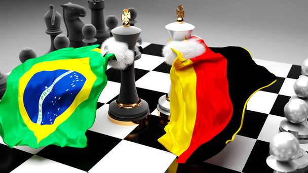 Brasil Alemania crisis, choque, conflicto y debate entre esos dos países que apunta a un acuerdo comercial o dominio simbolizado por un juego de ajedrez con banderas nacionales, ilustración 3d - Foto, Imagen