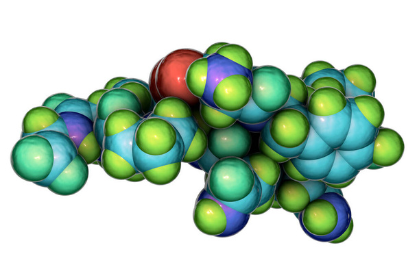 Molecule of oxytocin, a hormone released from the neurohypophysis, 3D illustration. Causa contracción uterina y eyección de leche, utilizada en ginecología y tratamiento de la lactancia - Foto, Imagen